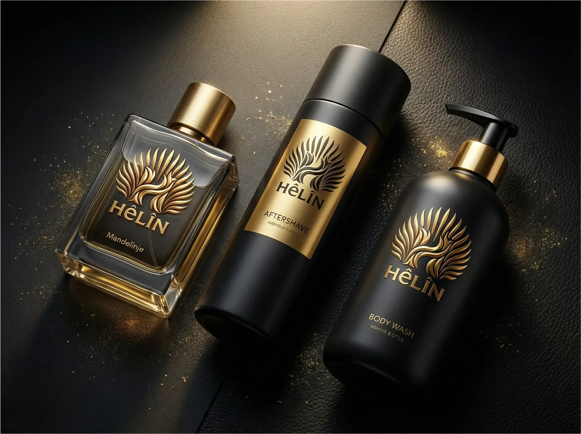 HÊLÎN men's grooming collection displayed in luxury setting